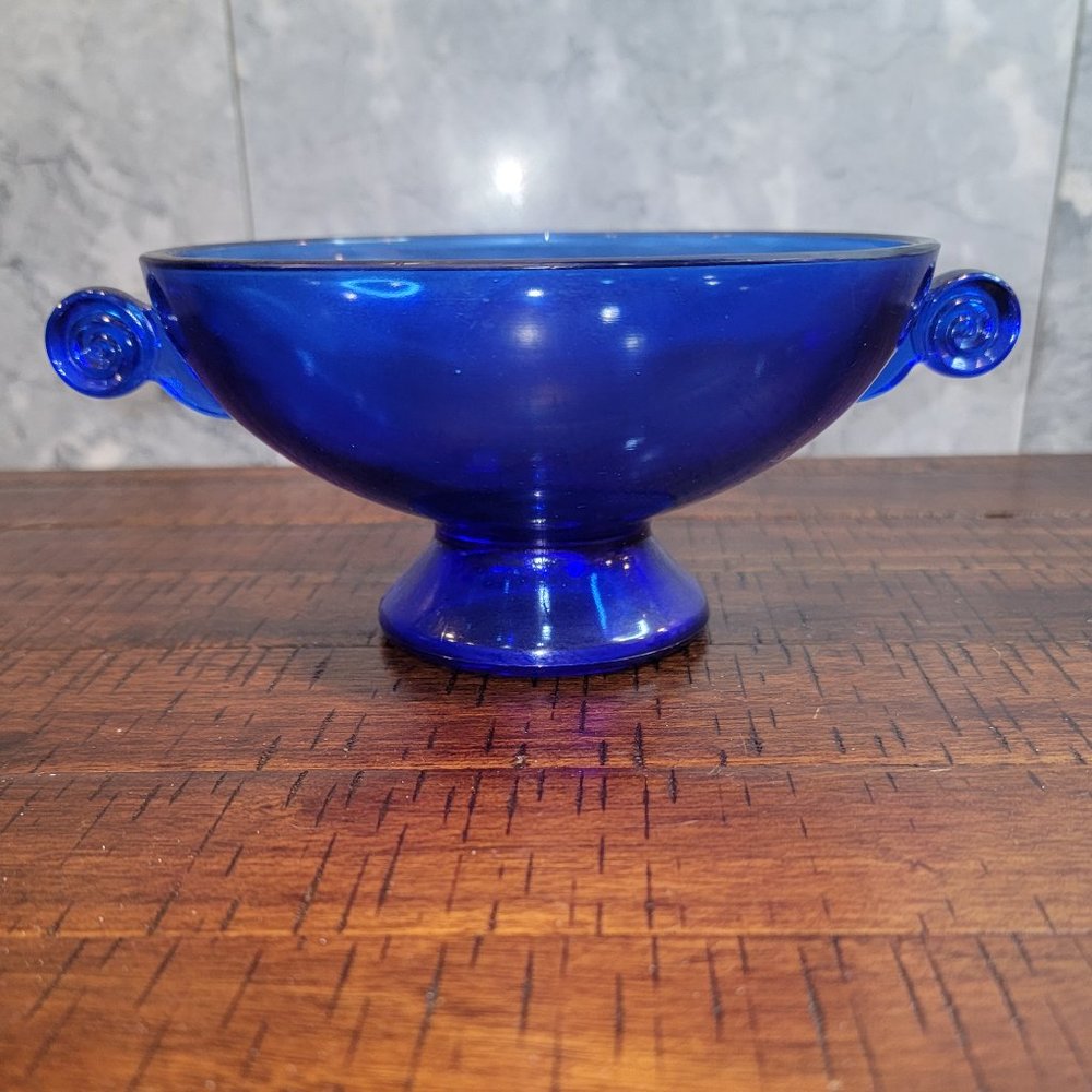 Vintage Cobalt Blue Glass Footed Bowl with Swirled Handles - Short Pedestal Base